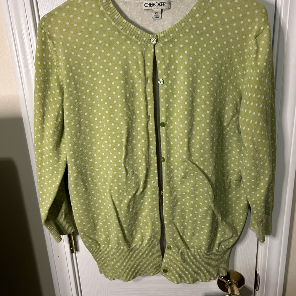 Cherokee Green Cardigan with White Dots